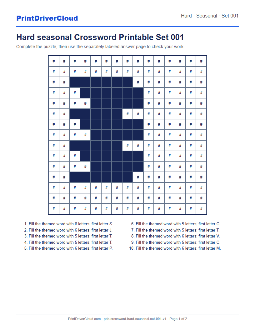 Preview of Hard seasonal Crossword Printable Set 001