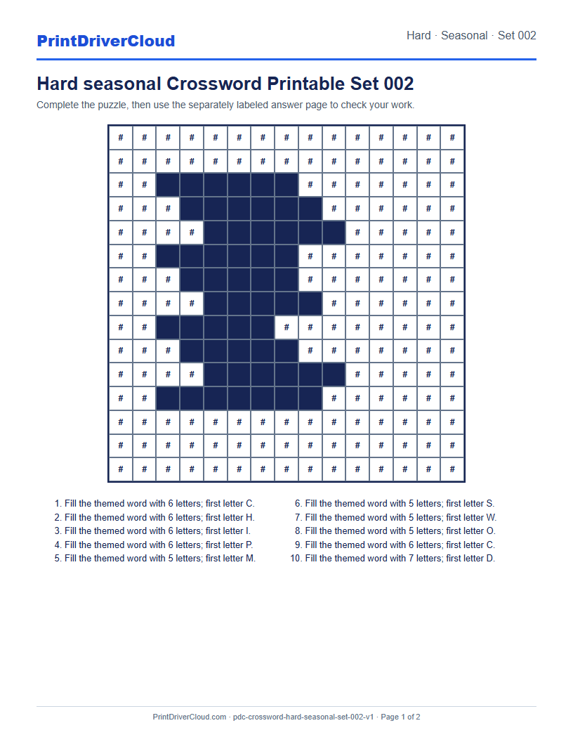 Preview of Hard seasonal Crossword Printable Set 002