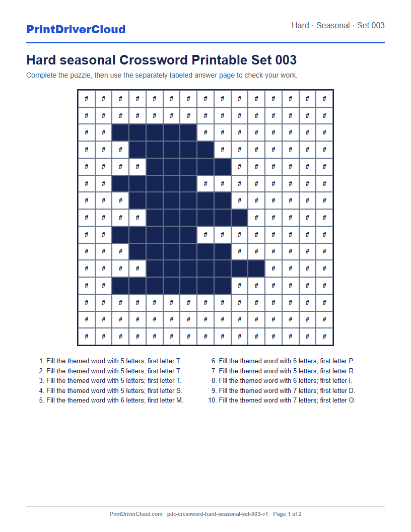 Preview of Hard seasonal Crossword Printable Set 003