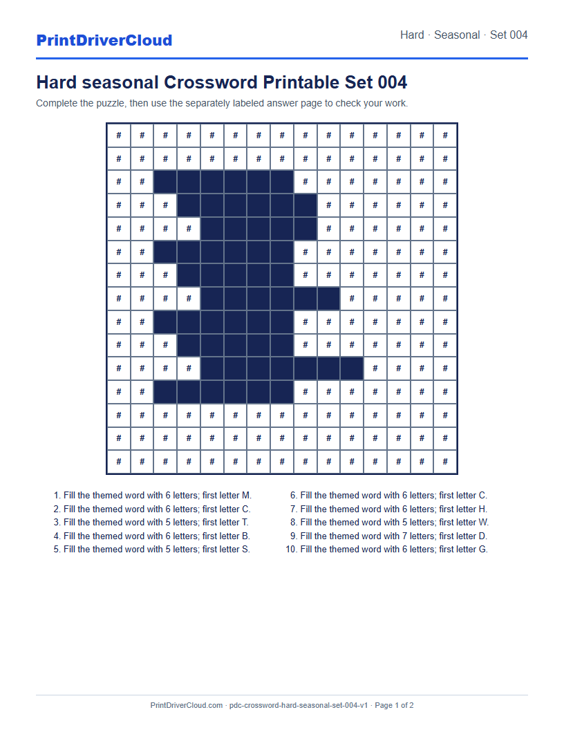 Preview of Hard seasonal Crossword Printable Set 004
