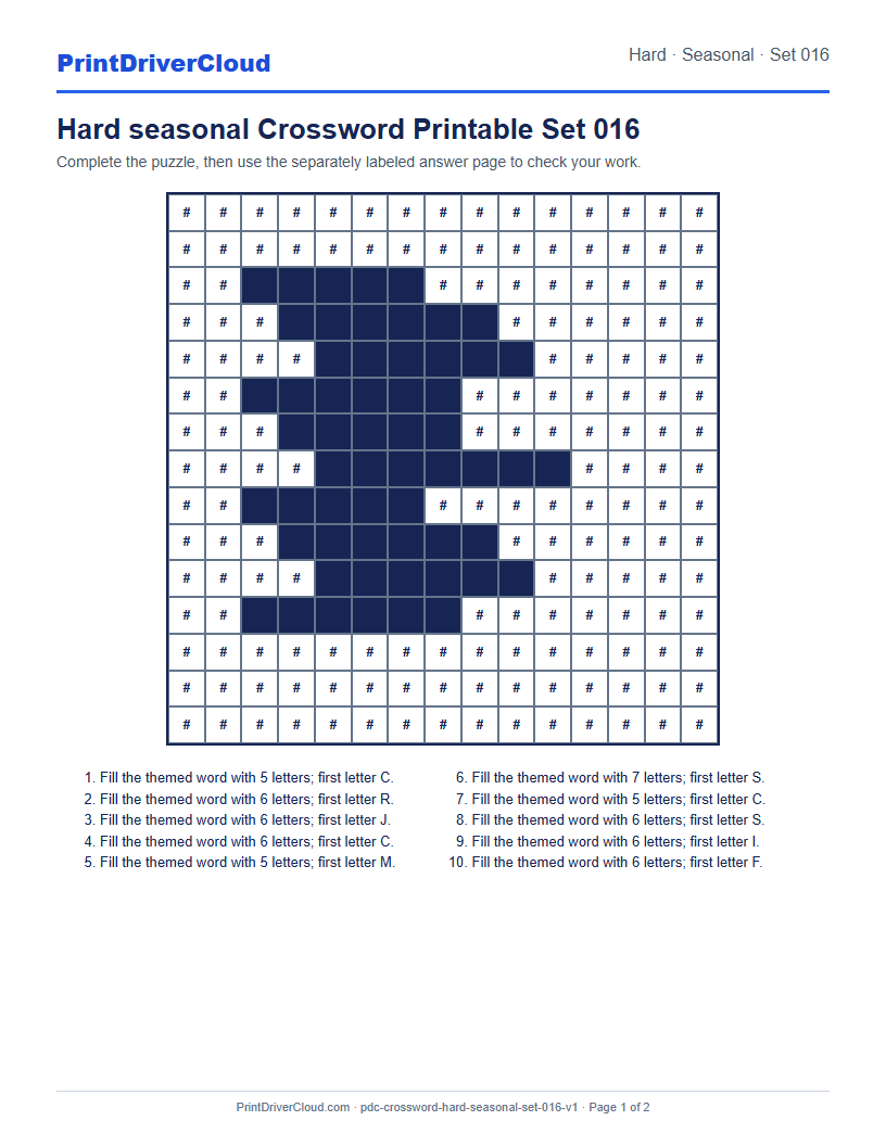 Preview of Hard seasonal Crossword Printable Set 016