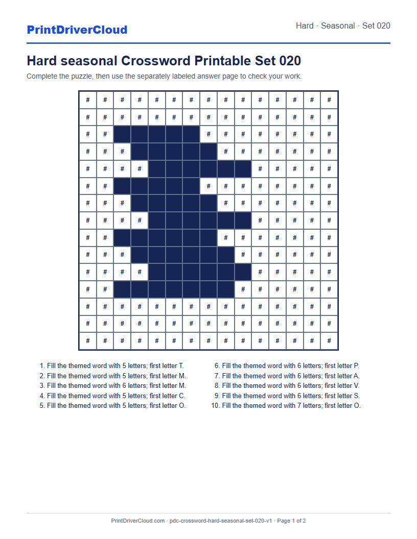 Preview of Hard seasonal Crossword Printable Set 020
