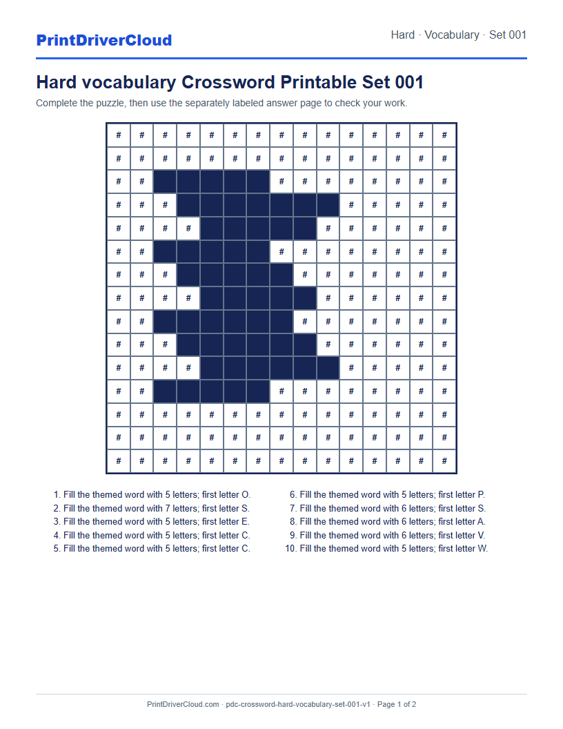 Preview of Hard vocabulary Crossword Printable Set 001