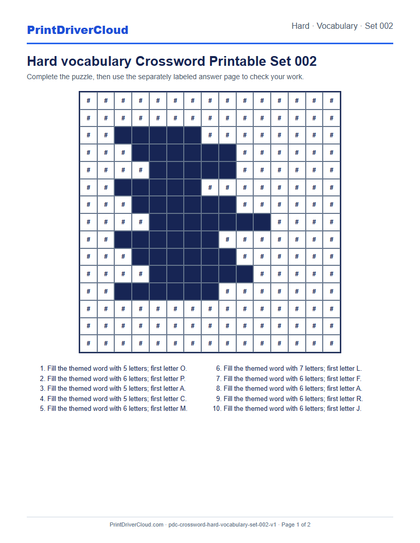 Preview of Hard vocabulary Crossword Printable Set 002