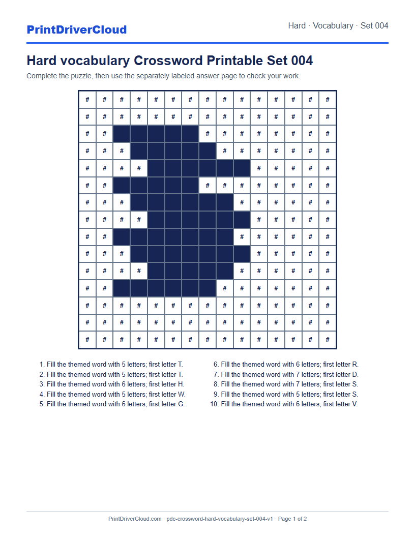Preview of Hard vocabulary Crossword Printable Set 004