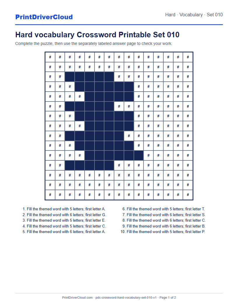 Preview of Hard vocabulary Crossword Printable Set 010
