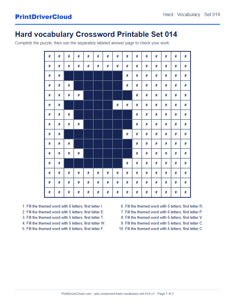 Preview of Hard vocabulary Crossword Printable Set 014