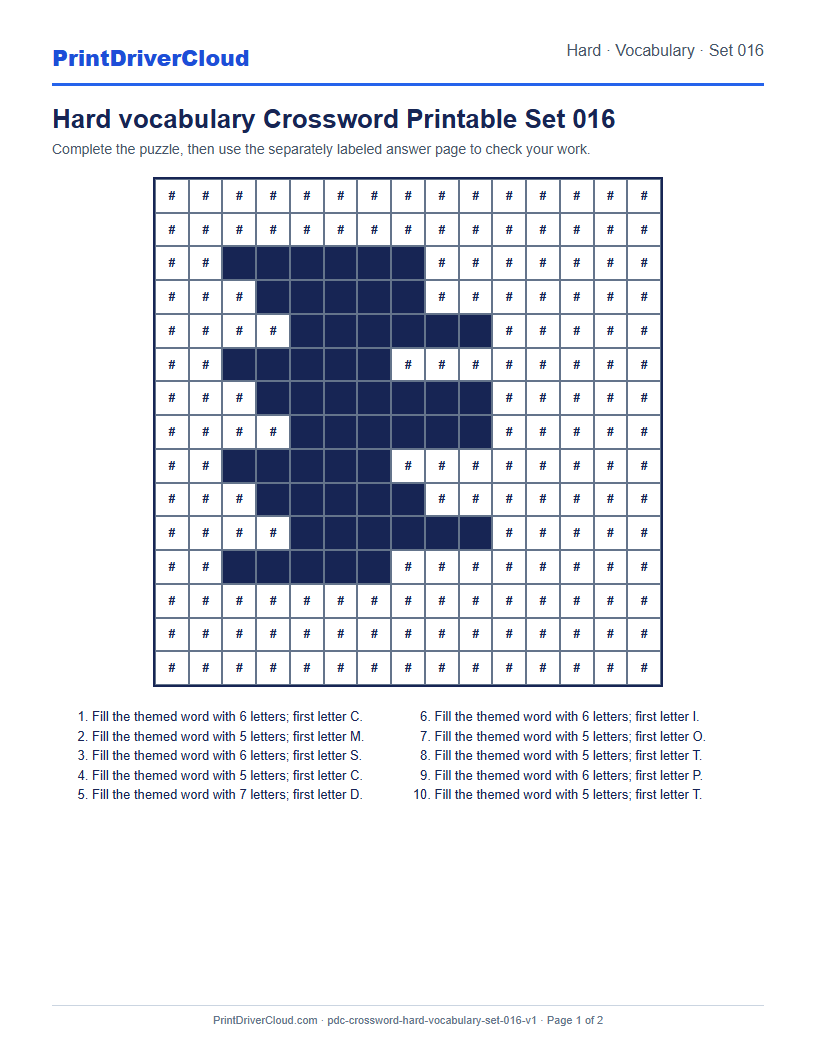 Preview of Hard vocabulary Crossword Printable Set 016