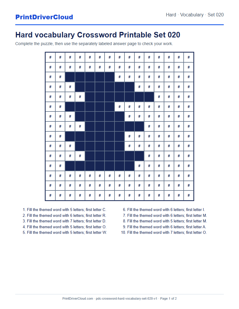Preview of Hard vocabulary Crossword Printable Set 020
