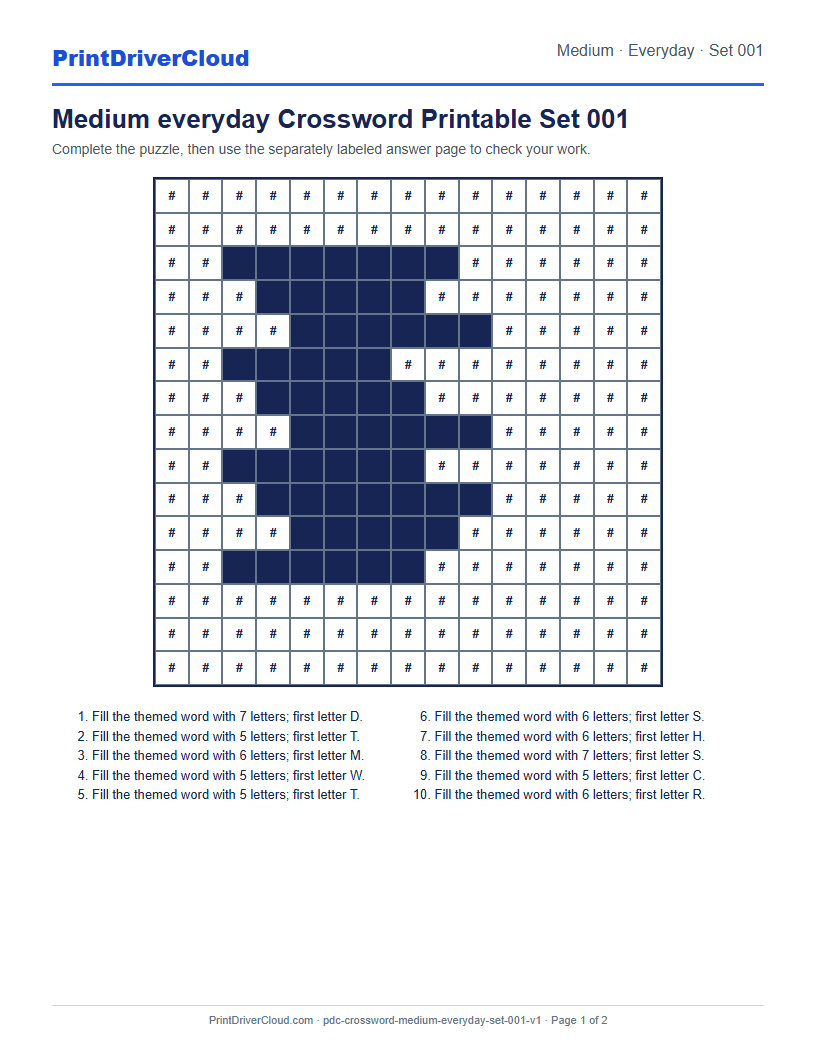 Preview of Medium everyday Crossword Printable Set 001