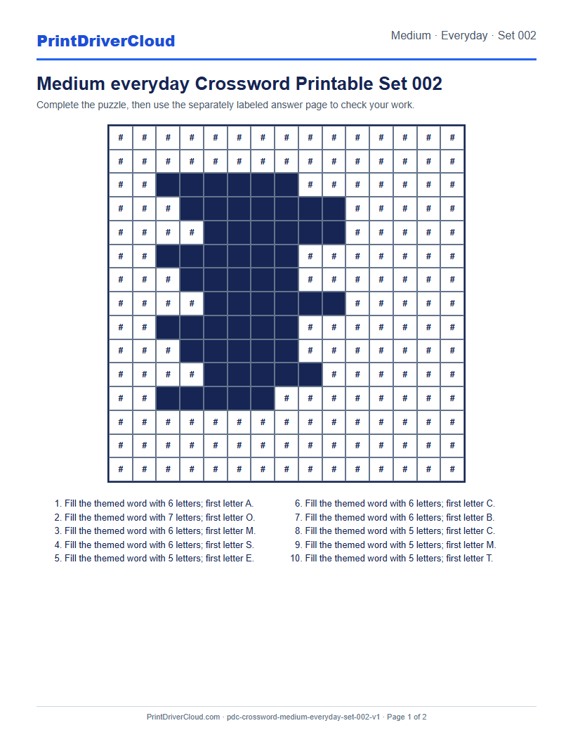 Preview of Medium everyday Crossword Printable Set 002