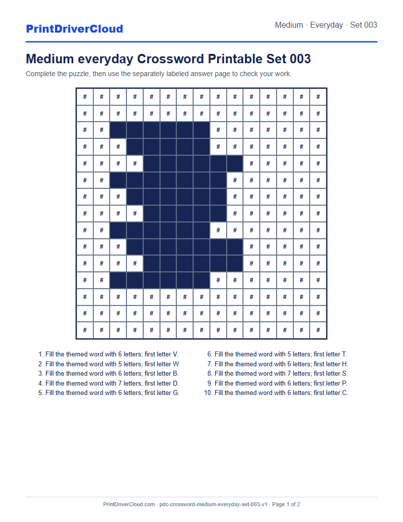 Preview of Medium everyday Crossword Printable Set 003