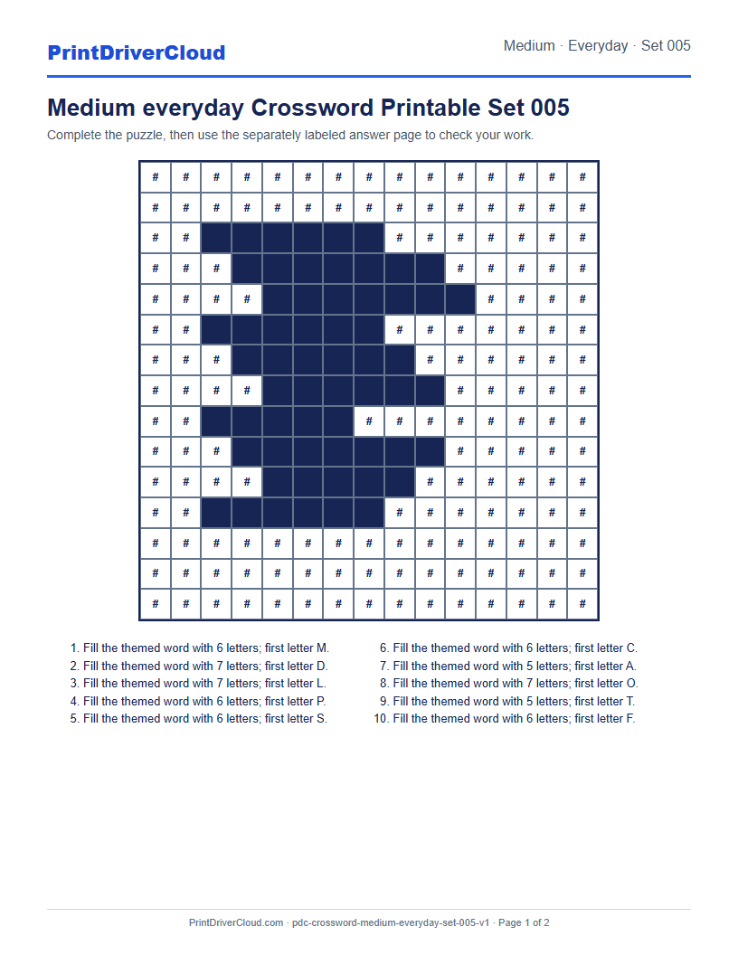 Preview of Medium everyday Crossword Printable Set 005