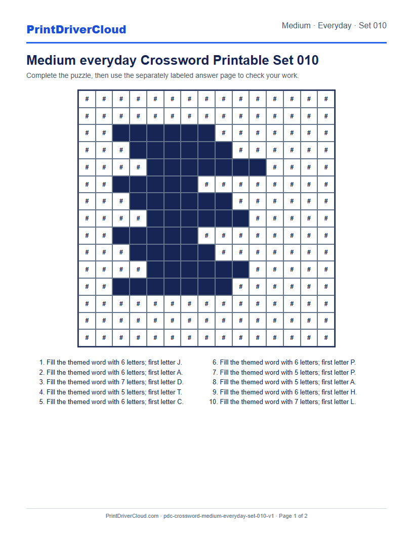 Preview of Medium everyday Crossword Printable Set 010