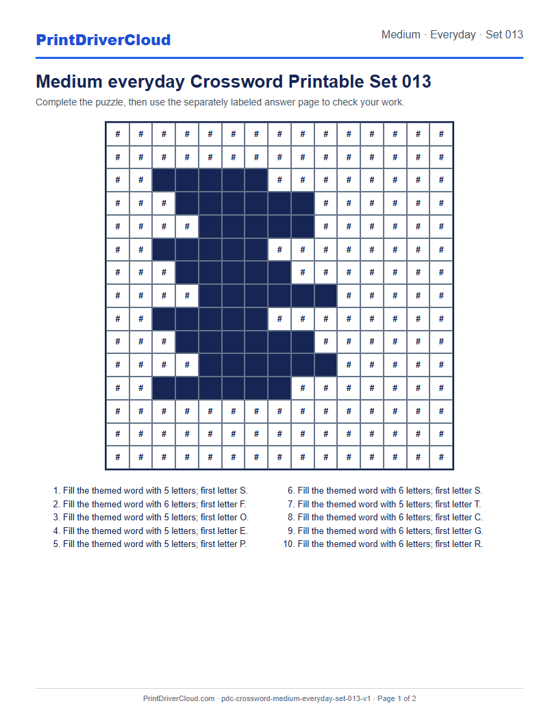 Preview of Medium everyday Crossword Printable Set 013