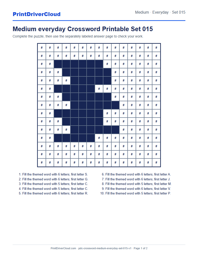 Preview of Medium everyday Crossword Printable Set 015