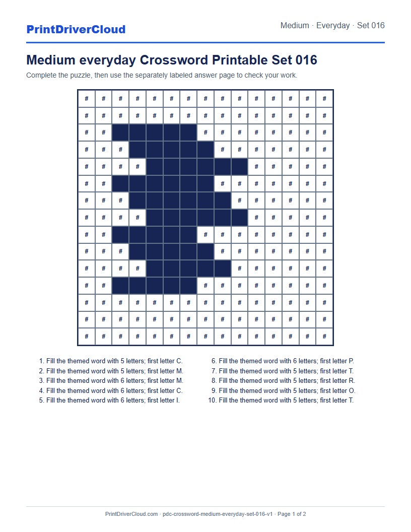 Preview of Medium everyday Crossword Printable Set 016