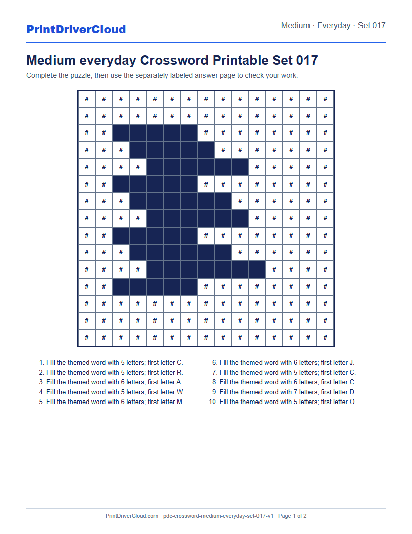Preview of Medium everyday Crossword Printable Set 017