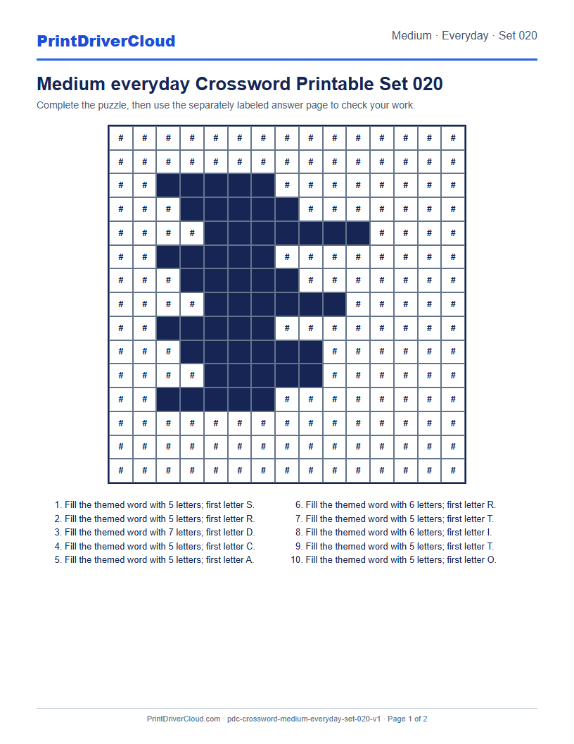 Preview of Medium everyday Crossword Printable Set 020
