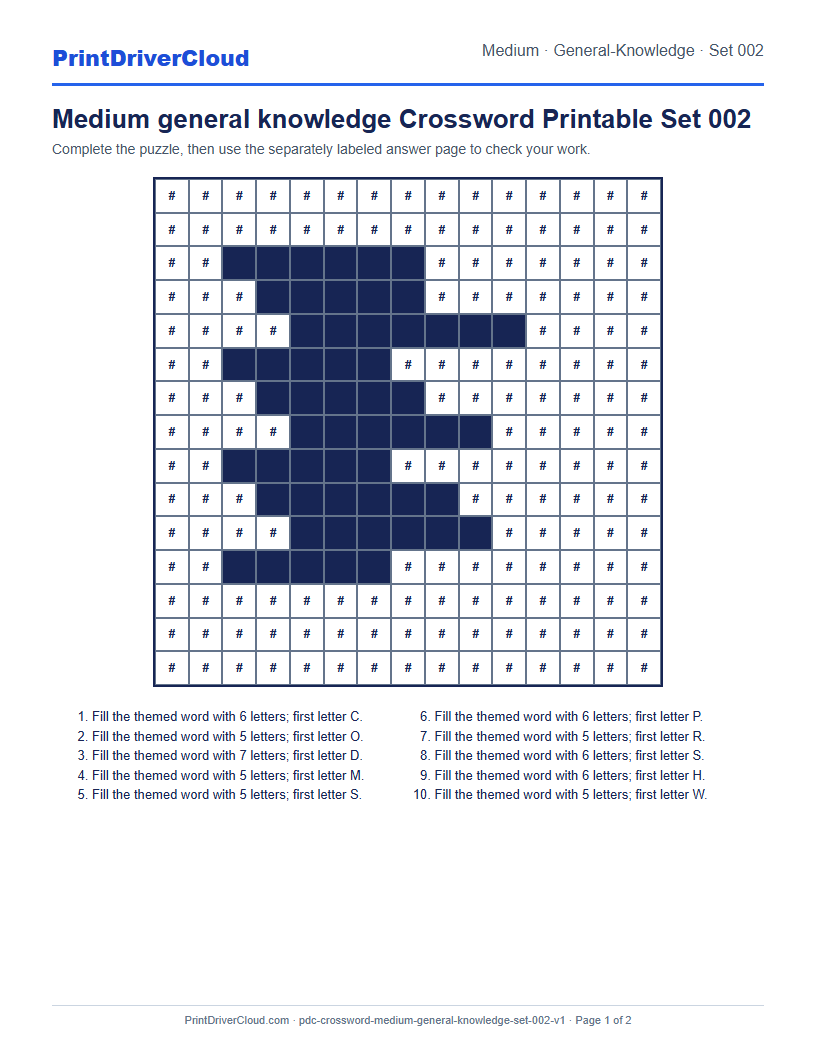 Preview of Medium general knowledge Crossword Printable Set 002