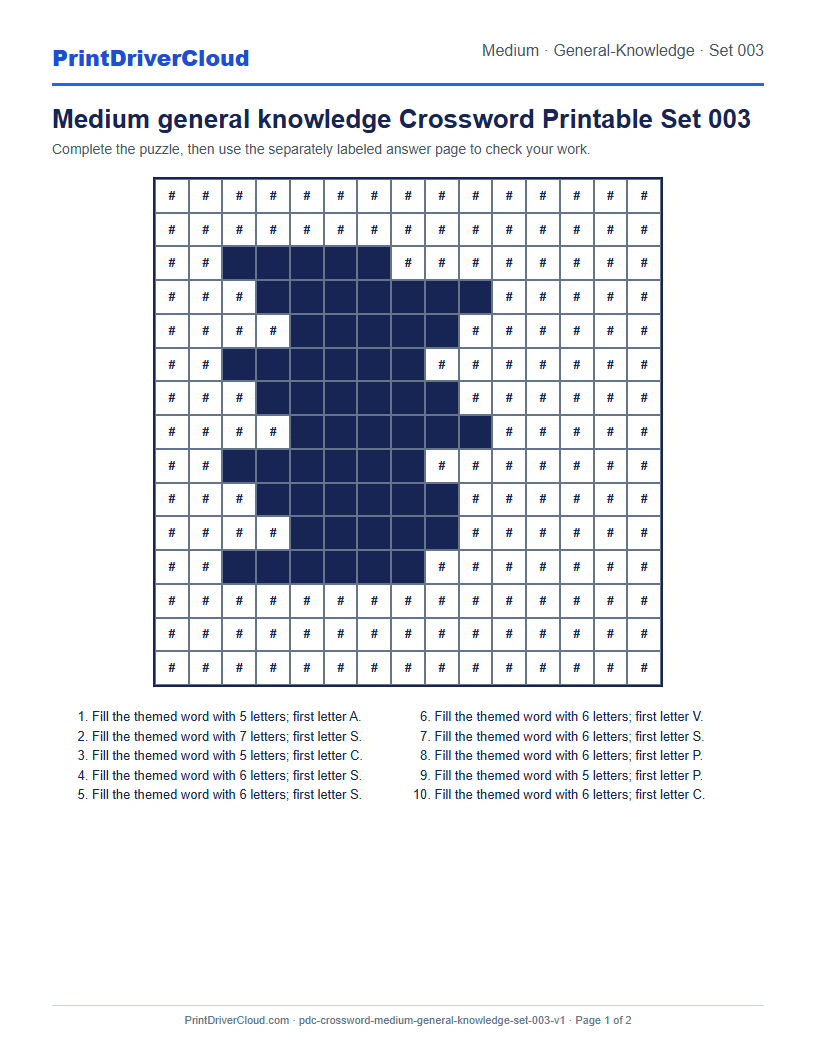 Preview of Medium general knowledge Crossword Printable Set 003