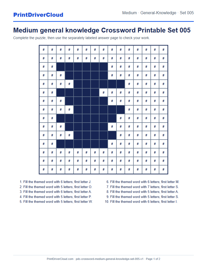 Preview of Medium general knowledge Crossword Printable Set 005