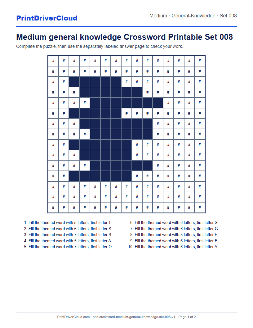 Preview of Medium general knowledge Crossword Printable Set 008