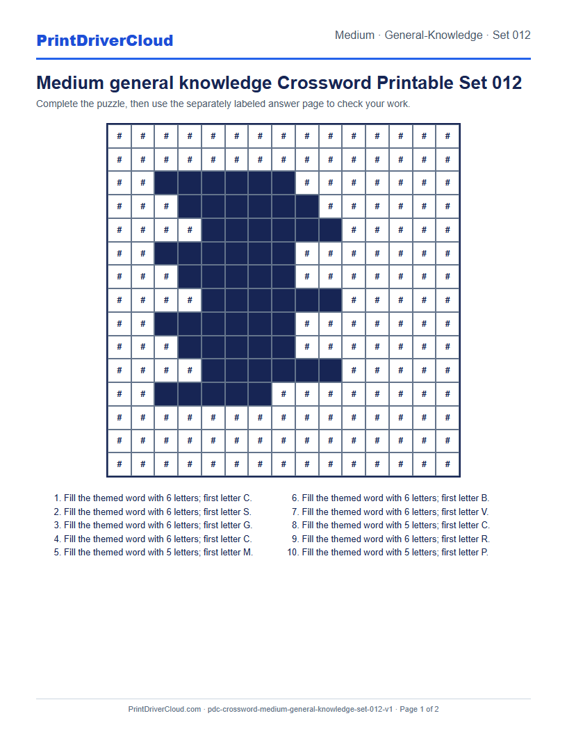 Preview of Medium general knowledge Crossword Printable Set 012