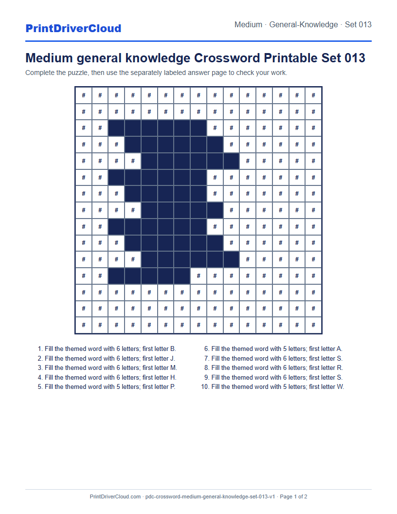 Preview of Medium general knowledge Crossword Printable Set 013