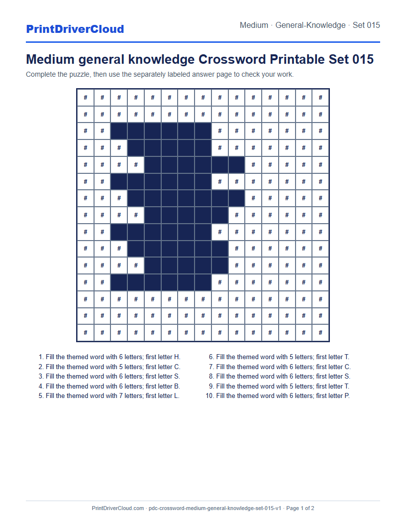 Preview of Medium general knowledge Crossword Printable Set 015