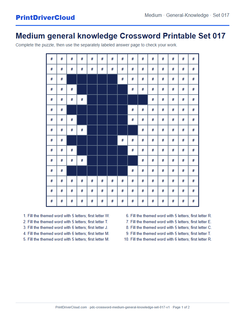 Preview of Medium general knowledge Crossword Printable Set 017
