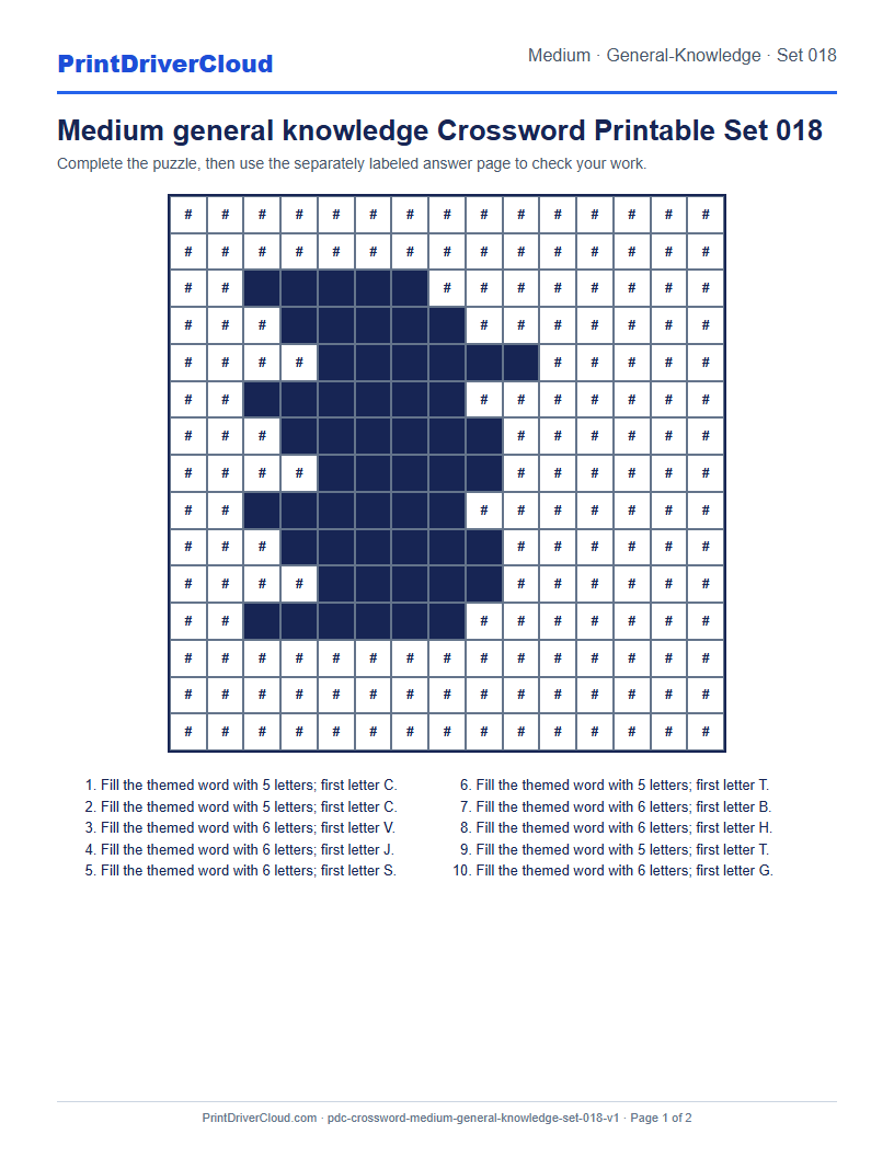 Preview of Medium general knowledge Crossword Printable Set 018