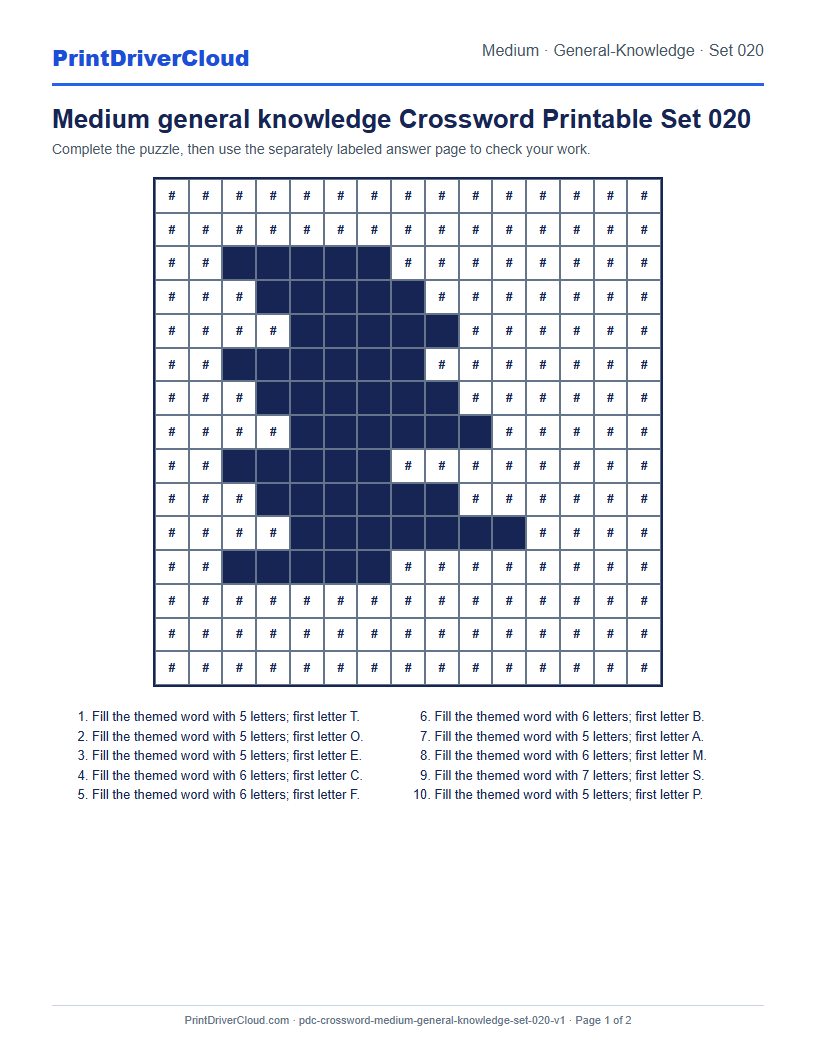 Preview of Medium general knowledge Crossword Printable Set 020
