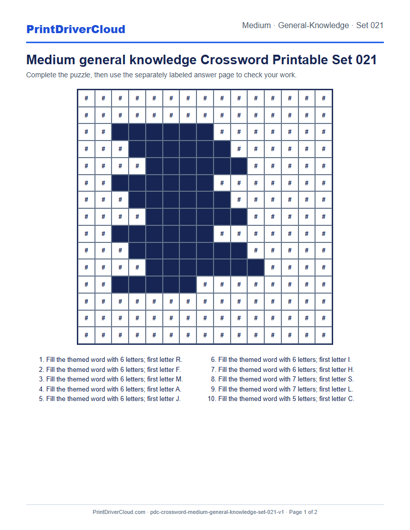 Preview of Medium general knowledge Crossword Printable Set 021