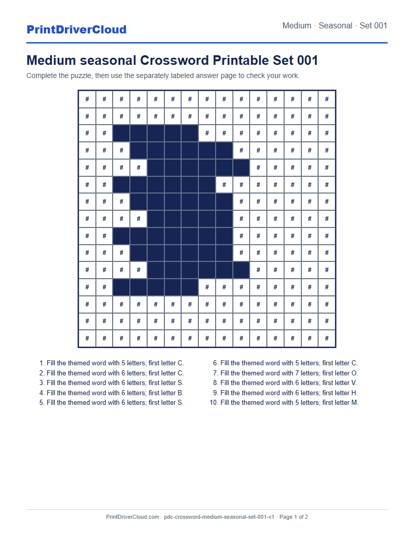 Preview of Medium seasonal Crossword Printable Set 001