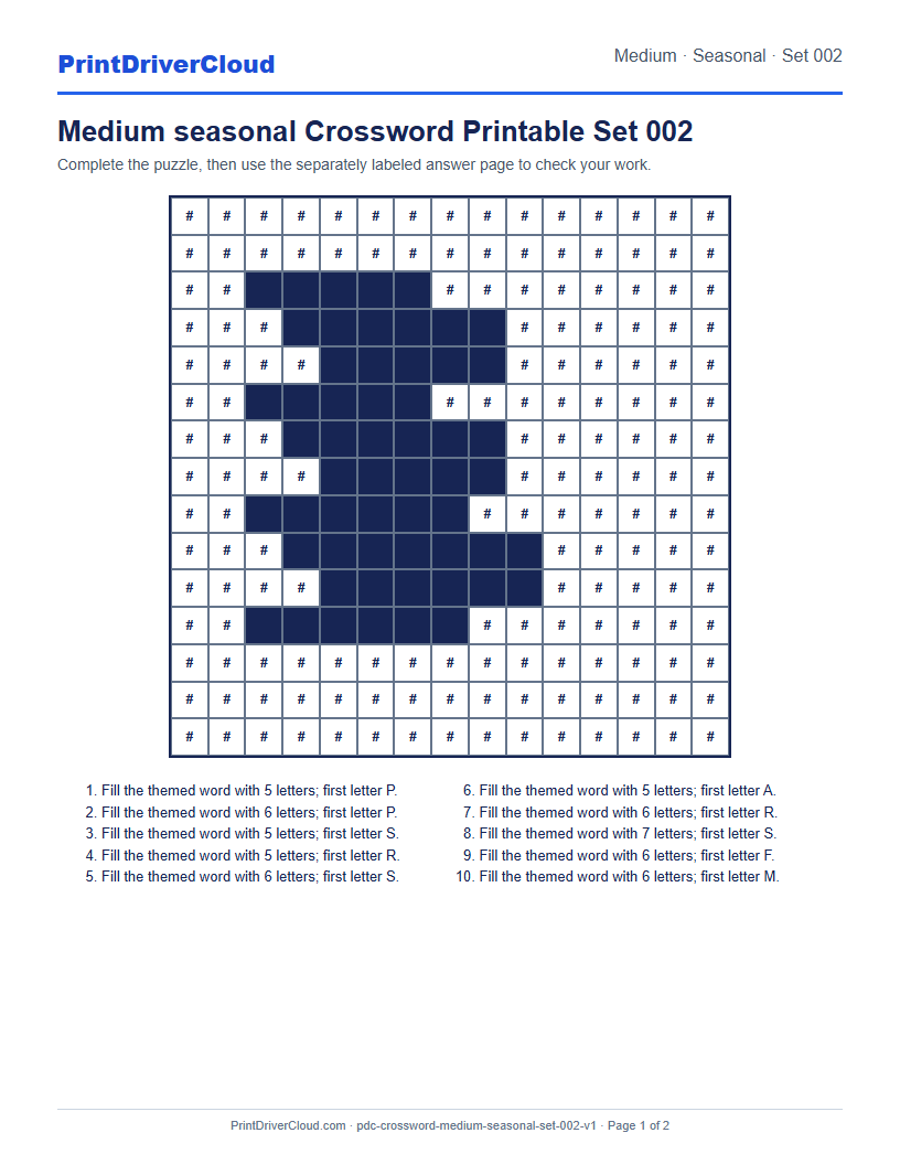 Preview of Medium seasonal Crossword Printable Set 002