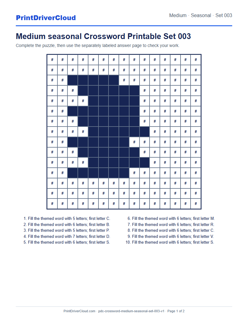 Preview of Medium seasonal Crossword Printable Set 003