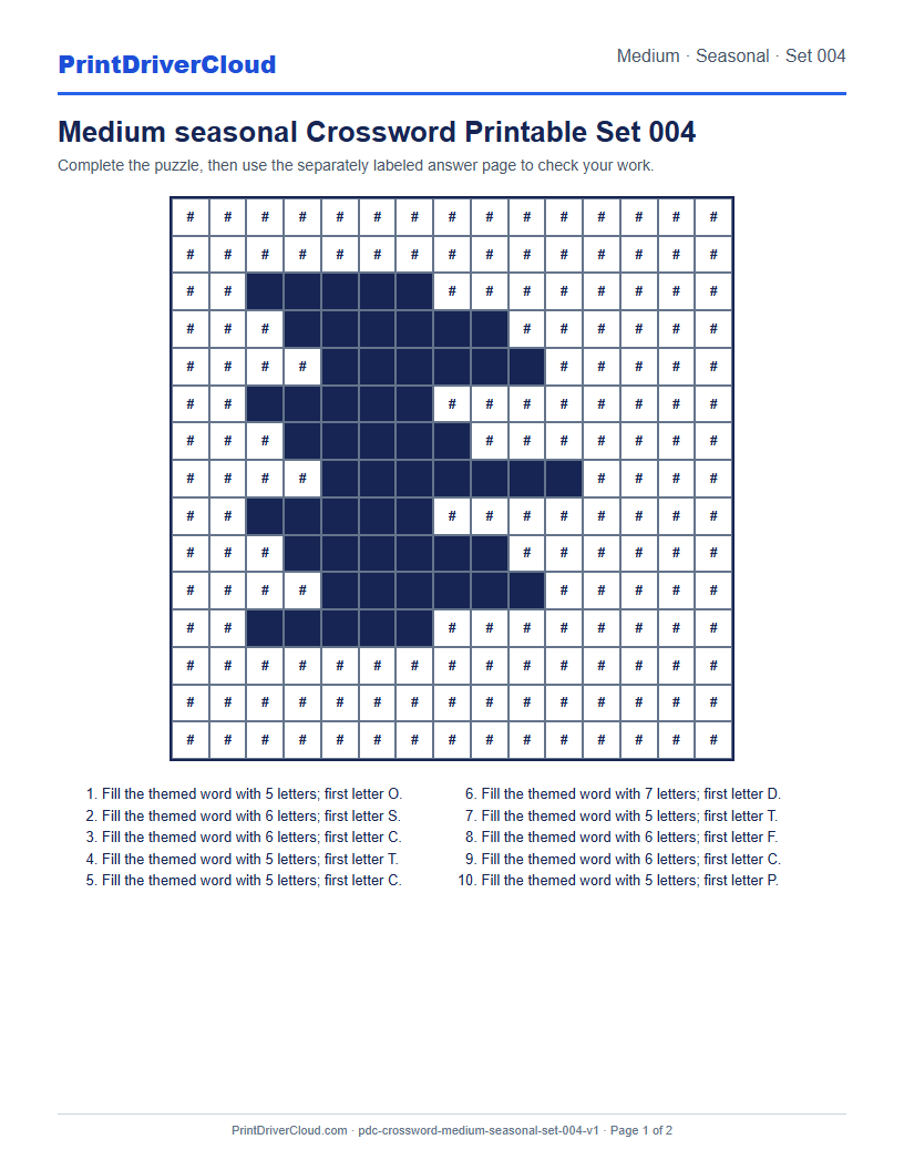 Preview of Medium seasonal Crossword Printable Set 004