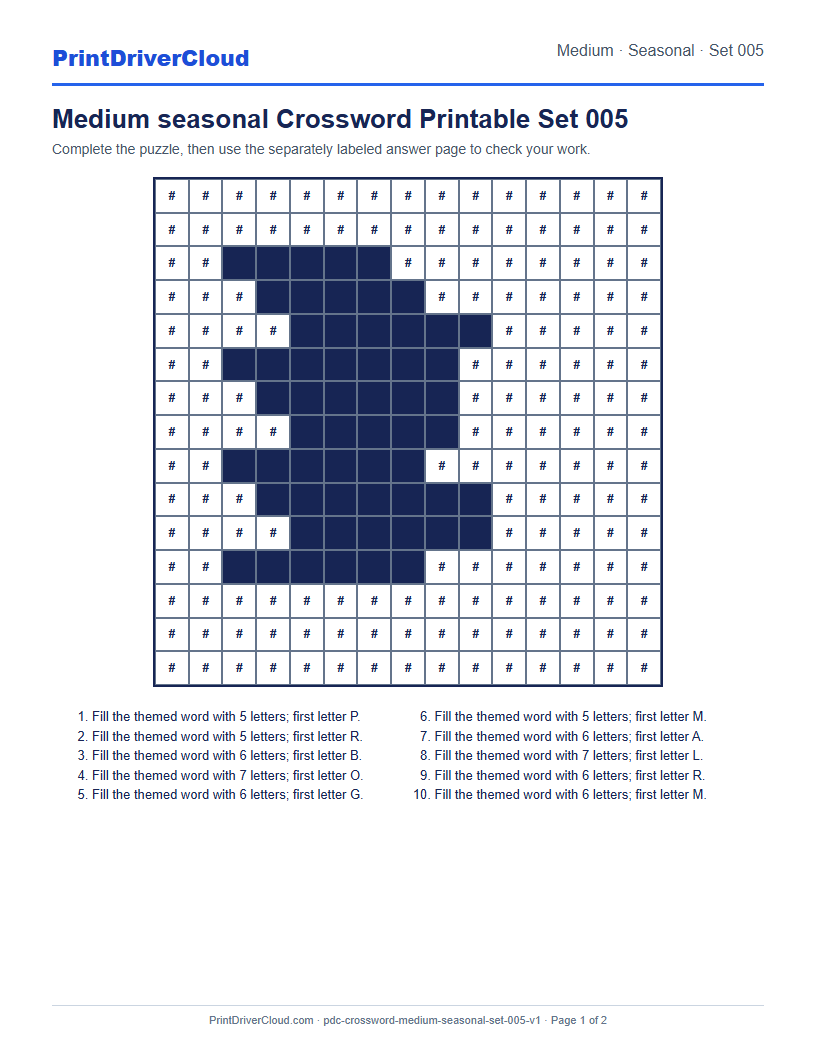 Preview of Medium seasonal Crossword Printable Set 005