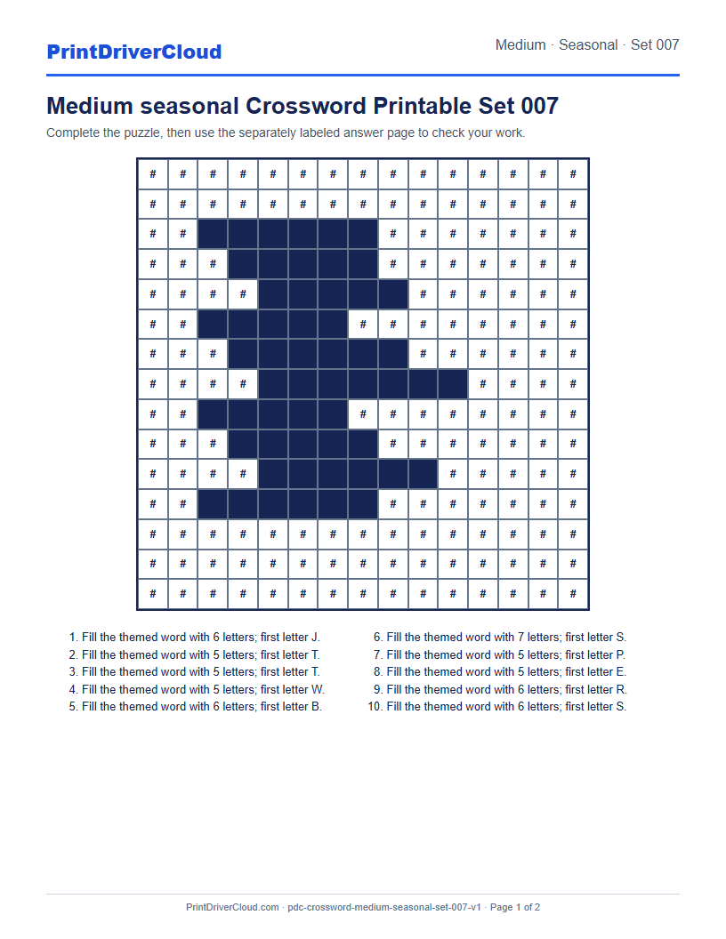 Preview of Medium seasonal Crossword Printable Set 007