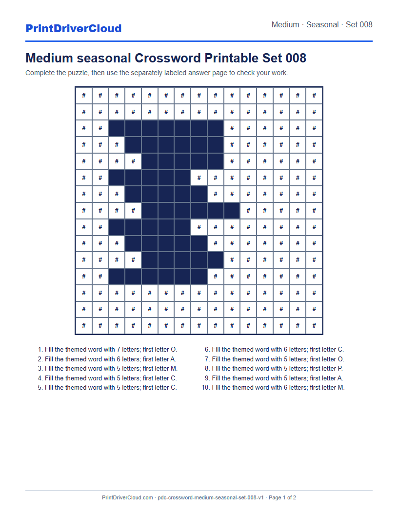 Preview of Medium seasonal Crossword Printable Set 008