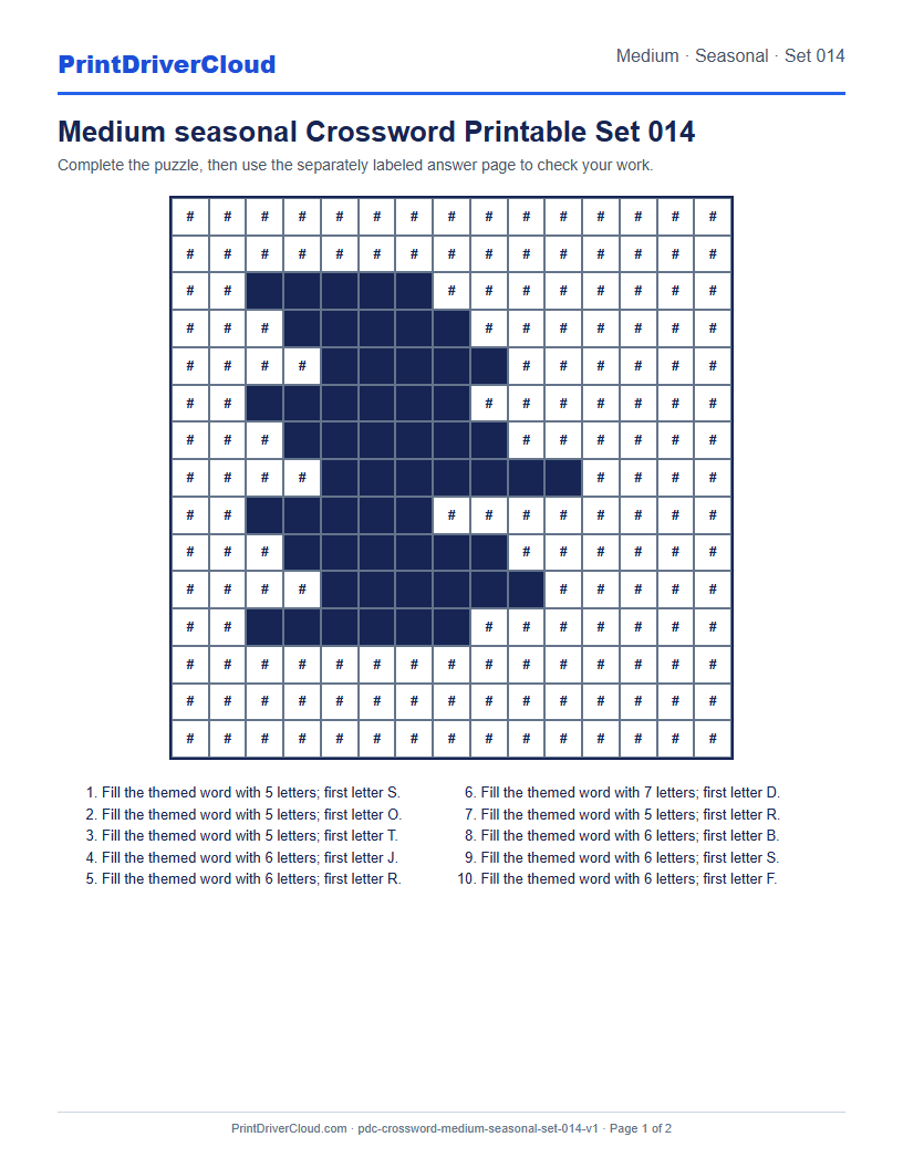 Preview of Medium seasonal Crossword Printable Set 014