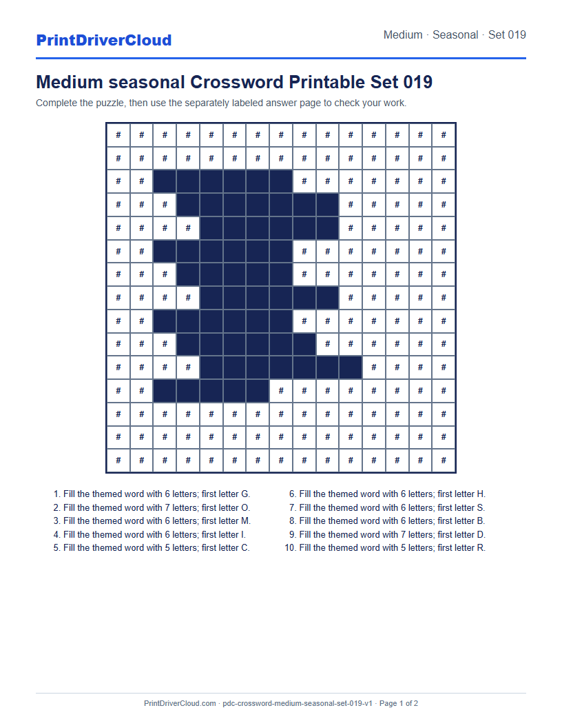 Preview of Medium seasonal Crossword Printable Set 019