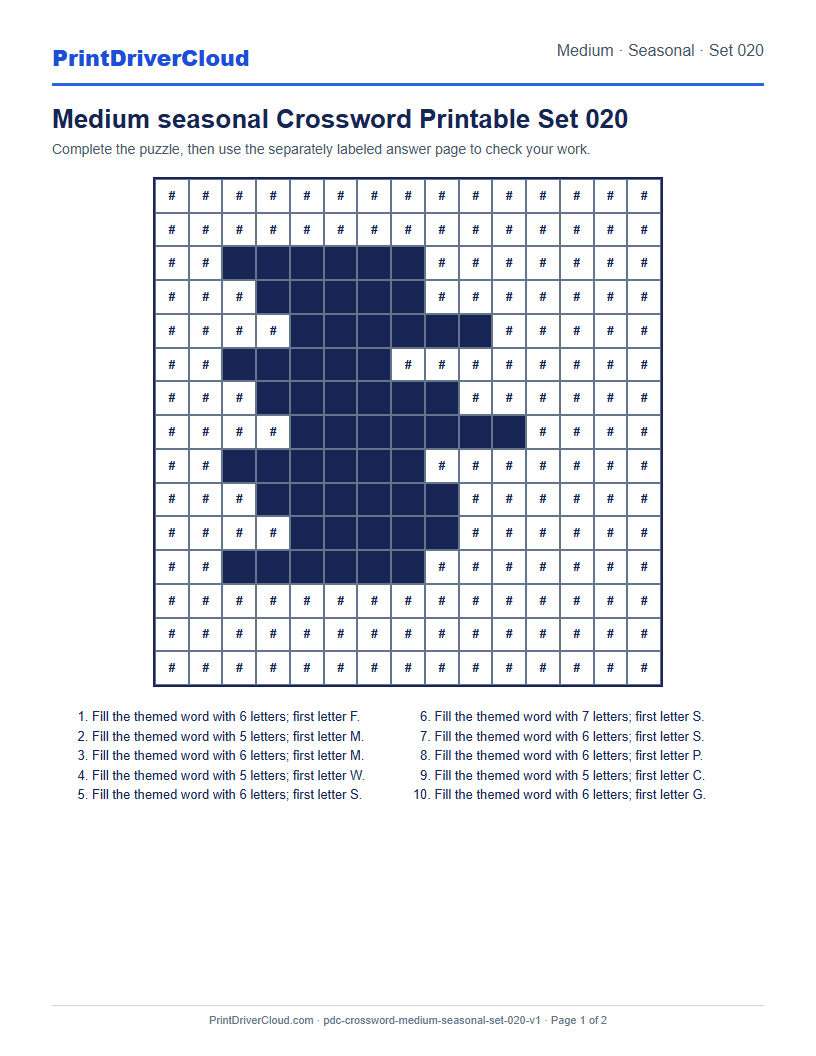 Preview of Medium seasonal Crossword Printable Set 020