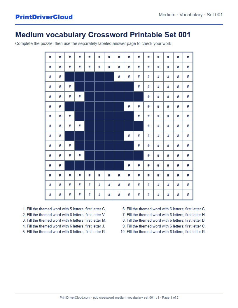Preview of Medium vocabulary Crossword Printable Set 001