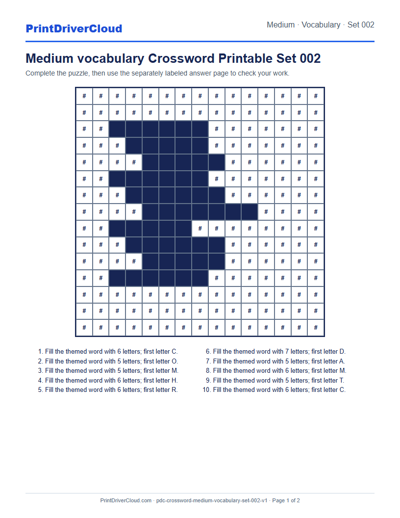 Preview of Medium vocabulary Crossword Printable Set 002