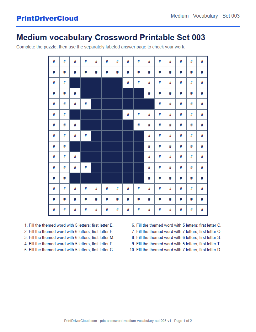 Preview of Medium vocabulary Crossword Printable Set 003