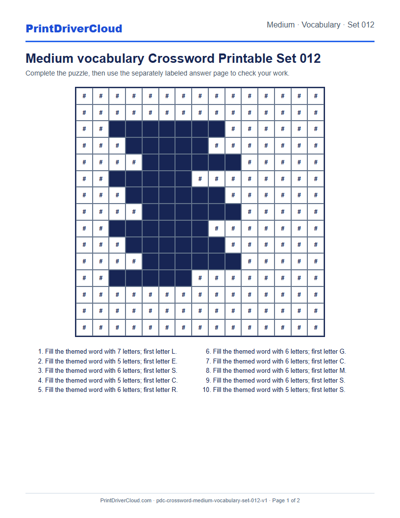 Preview of Medium vocabulary Crossword Printable Set 012