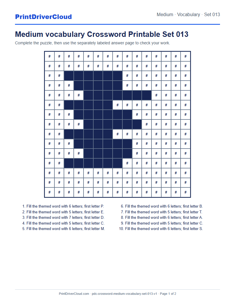 Preview of Medium vocabulary Crossword Printable Set 013