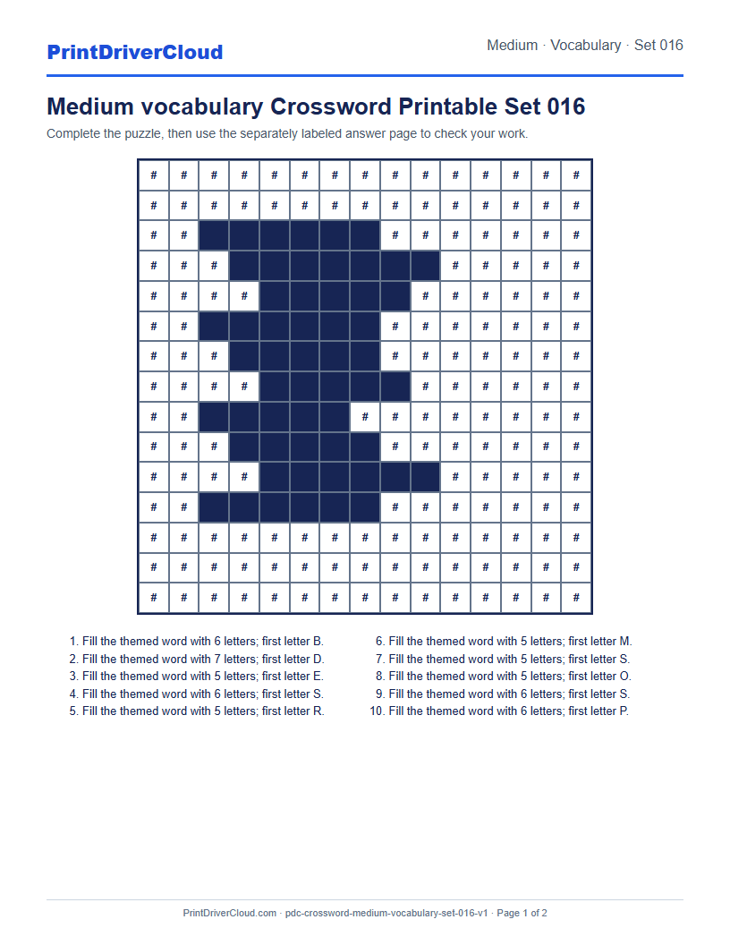 Preview of Medium vocabulary Crossword Printable Set 016